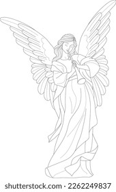 Christian angel playing on flute graphic sketch template. Cartoon vector illustration in black and white for games, background, pattern, decor. Children`s story book, fairytail, coloring paper, page. 