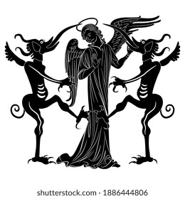 Christian angel standing between two devils. Creative concept for sin and temptation. Juxtaposition of good and evil. Black and white silhouette.