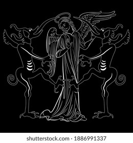 Christian angel standing between two devils. Creative concept for sin and temptation. Juxtaposition of good and evil. Black and white silhouette.