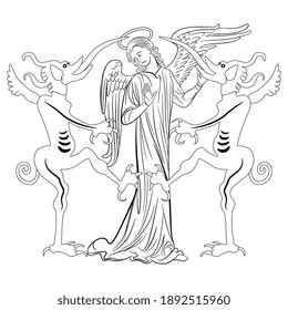 Christian angel standing between two devils with long tongues. Sin and temptation. Juxtaposition of good and evil. Metaphor of gossip. Black and white linear silhouette.