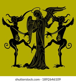 Christian angel standing between two devils with long tongues. Sin and temptation. Juxtaposition of good and evil. Metaphor of gossip. Monochrome silhouette.