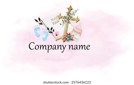 Christian baby dedication vector logo with a cross, Bible, footprints, pacifier, and floral watercolor accents