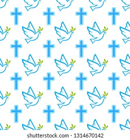 Christian background. Christianity seamless pattern. Holy Spirit dove with cross.