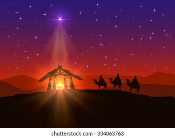 Christian background with Christmas star and birth of Jesus, illustration. - Shutterstock ID 334063763