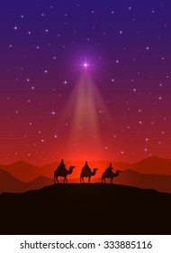 Christian Background With Christmas Star And Three Wise Men, Illustration.