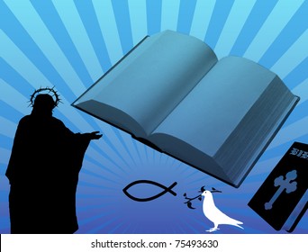 Christian background for Easter: Jesus, Bible, Fish, white dove, vector illustration