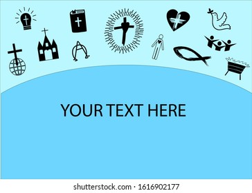 Christian background with icons cross, church, bulb, heart, bible. 