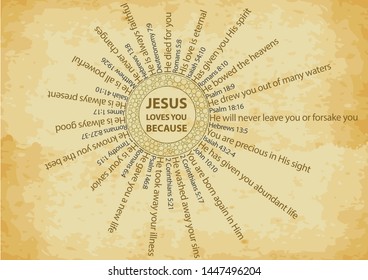 Christian background with multiple reasons why Jesus loves you, with bible verses, written on old paper texture 