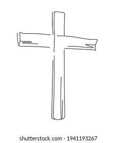 Christian banner or Design Card for Easter. Christ is Risen. Vector illustration on the religious theme with mount Calvary, three crosses. Crucifixion at Sunrise. Man prays, repentance. Line art