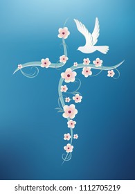 Christian baptism background with cross flowers and dove