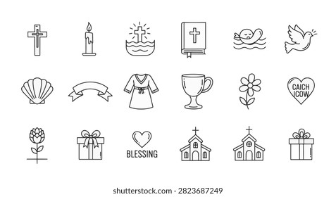 Christian baptism line icon set featuring religious symbols including a cross, Bible, dove, church building, candle, christening gown, and holy water font on a white background vector.
