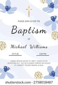 Christian Baptizing Invitation with blue flowers, text, golden cross ant texture. Vector template