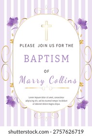 Christian Baptizing Invitation with golden frame, text, glowing golden cross, flowers, golden vintage elements. Vector template