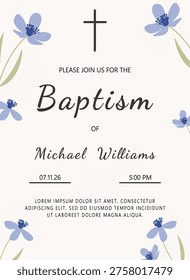 Christian Baptizing Invitation with religious cross, text and blue flowers. Vector template