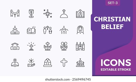 Christian Belief icon. Includes thin line crucifix, holy, prayer, bible, pray, religious and more. Simple and minimalist icon designs. Editable vector icon and illustration.