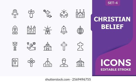 Christian Belief icon. Includes thin line crucifix, holy, prayer, bible, pray, religious and more. Simple and minimalist icon designs. Editable vector icon and illustration.