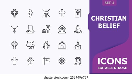 Christian Belief icon. Includes thin line crucifix, holy, prayer, bible, pray, religious and more. Simple and minimalist icon designs. Editable vector icon and illustration.