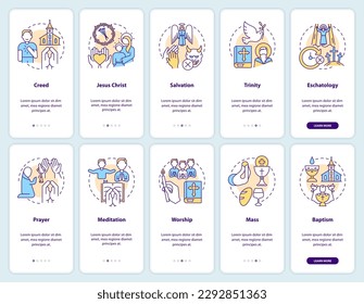 Christian beliefs and practices onboarding mobile app screens set. Walkthrough 5 steps editable graphic instructions with linear concepts. UI, UX, GUI template. Myriad Pro-Bold, Regular fonts used