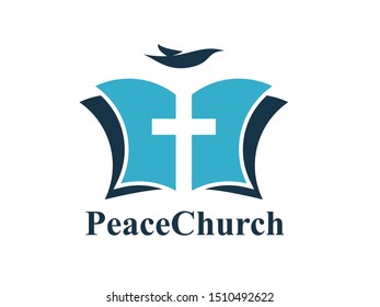 Christian Bible with cross as negative space and dove flying logo