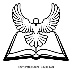 Christian Bible Dove Concept, White Dove Representing The Holy Spirit Flying Out Of The Bible. Could Refer To Inerrant Or Inspired Nature Of The Bible, Or Word Of God Coming To Us Through The Bible.