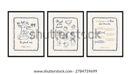 Christian bible Elements Collection, Christian Line Symbols Sketch, Religion Hand Drawn Art, Biblical symbols doodle posters