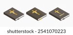 Christian bible. Religious book 3d. Holy bible set. Golden cross. Bible isometric	