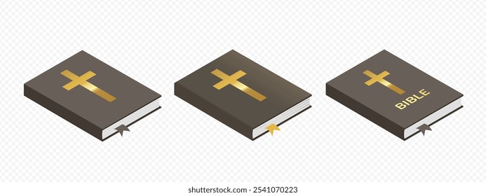 Christian bible. Religious book 3d. Holy bible set. Golden cross. Bible isometric	