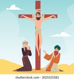 Christian bible story about crucifixion of jesus christ at calvary in flat vector illustration. Messiah sacrificed himself for salvation of mankind, death of son of Lord God on cross. Symbol of faith.