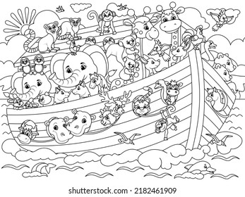 Christian Bible Story Of Noah S Ark. Coloring Book, White Background, Black Lines.