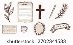 Christian bible study note journaling motif set. Hand drawn isolated vector elements bundle for religious christianity sermon notes, prayer journal, bible study for women aesthetic with cross frame