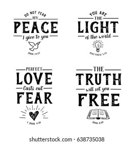 Christian Bible Verse Hand lettering Scripture Emblem Collection with hand-drawn icons on white background