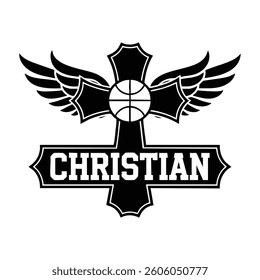 Christian Black and White Basketball Cross Graphic with Cross, and Wings