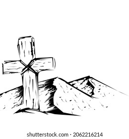 Christian, black and white sketch of mountain and cross illustration