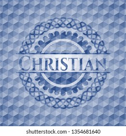 Christian blue badge with geometric pattern.
