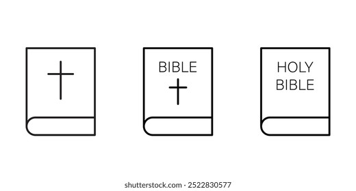 Christian book bible with cross sign outlined isolated illustration in 3 versions. Vector icons in flat style