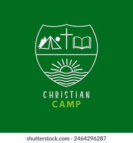 Christian camp logo, cross and bible. Line art shield design for camp t shirt, hoodie, sweatshirt or church sweater. Vector illustration