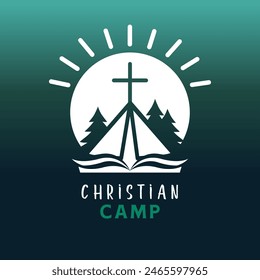 Christian Camp, Sunrise Logo. Kreatives Zeichen für ein Jugendcamp, Reisen im Wald oder in den Bergen. Vektorillustration