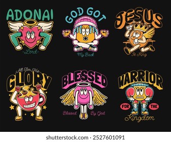 Christian cartoon vector set. Christian graffiti t-shirt design bundle, Christianity inspirational quotes. Jesus vector set, graffiti t shirt design. Cartoon character set.	
