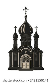 Christian cathedral, temple, church. Religious architectural structure. Orthodox church building with onion domes, crosses, bell tower and chapel. Black silhouette. Vector on white background.