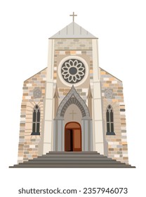 Christian catholic church. Building of gothic cathedral. Religious architecture exterior. Vector isolated illustration.