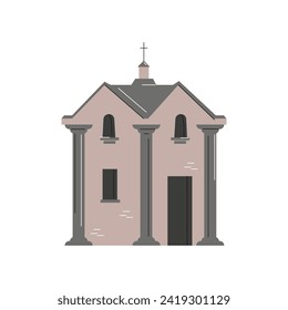 Christian Catholic church building. Vector cartoon illustration of vintage architectural chapel isolated on white. Spiritual building to hold funeral ceremonies, memorial tower