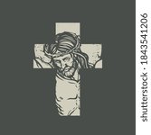 Christian or Catholic cross sign with crucified jesus christ on a dark background. Jesus Face on the cross. Vector illustration, religious symbol, icon, logo, print, tattoo, design element