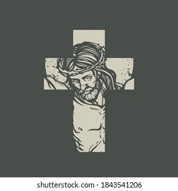 Christian or Catholic cross sign with crucified jesus christ on a dark background. Jesus Face on the cross. Vector illustration, religious symbol, icon, logo, print, tattoo, design element