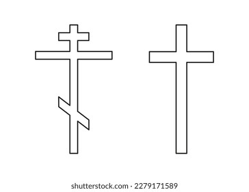 Christian and catholic cross, silhouette single line drawing. Traditional religion symbol. Church sign cross one line art. Vector outline illustration
