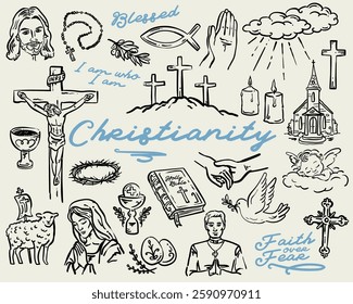 Christian, Catholic Hand Drawn Whimsical Set of vector illustrations, 