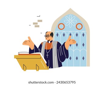 Christian Catholic preacher or pastor during worship service in church, flat vector illustration isolated on white background. Priest during a sermon reading the Bible.