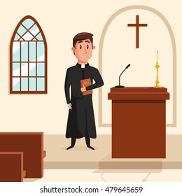 Christian catholic priest preaching at church. Holy father in robe or pastor with collar, pope with bible and clergyman at liturgy, spiritual missionary. Can be used for religion or church theme