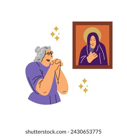 Christian or Catholic woman praying in front of icon, flat vector illustration isolated on white background. Praying religious baptist or catholic woman.