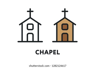 Christian Chapel Church Building. Vector Flat Line Stroke Icon.