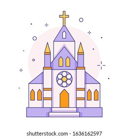 Christian chapel or church icon in line art. Gothic temple for wedding and nuptial ceremony linear vector illustration.